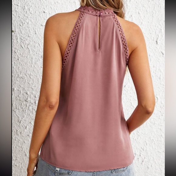 Elegant Classic Sheer Mesh Lace Halter Top Blouse Shirt Pink - Picture 2 of 12